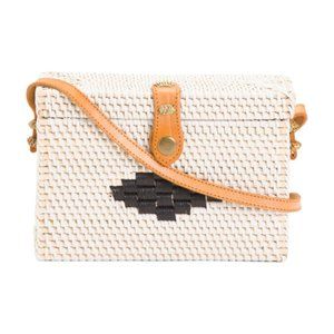 Box Rattan Crossbody Bag With Leather Trim